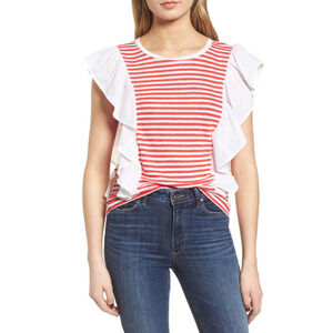 Chelsea28 Women Ruffle Cap Sleeve Striped T-Shirt Red Size S 6801